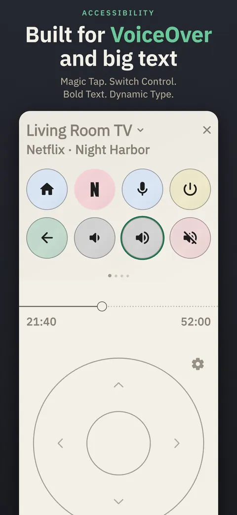 Built for VoiceOver and big text: the remote at large text size with a focus ring on Volume up.