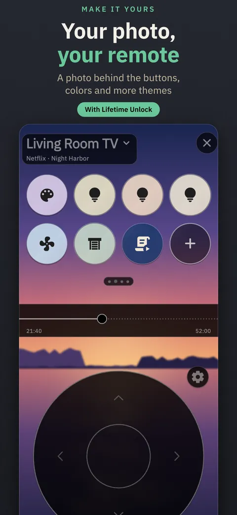 Your photo, your remote: the remote's buttons over a dusk lake photo, with the Lifetime Unlock.